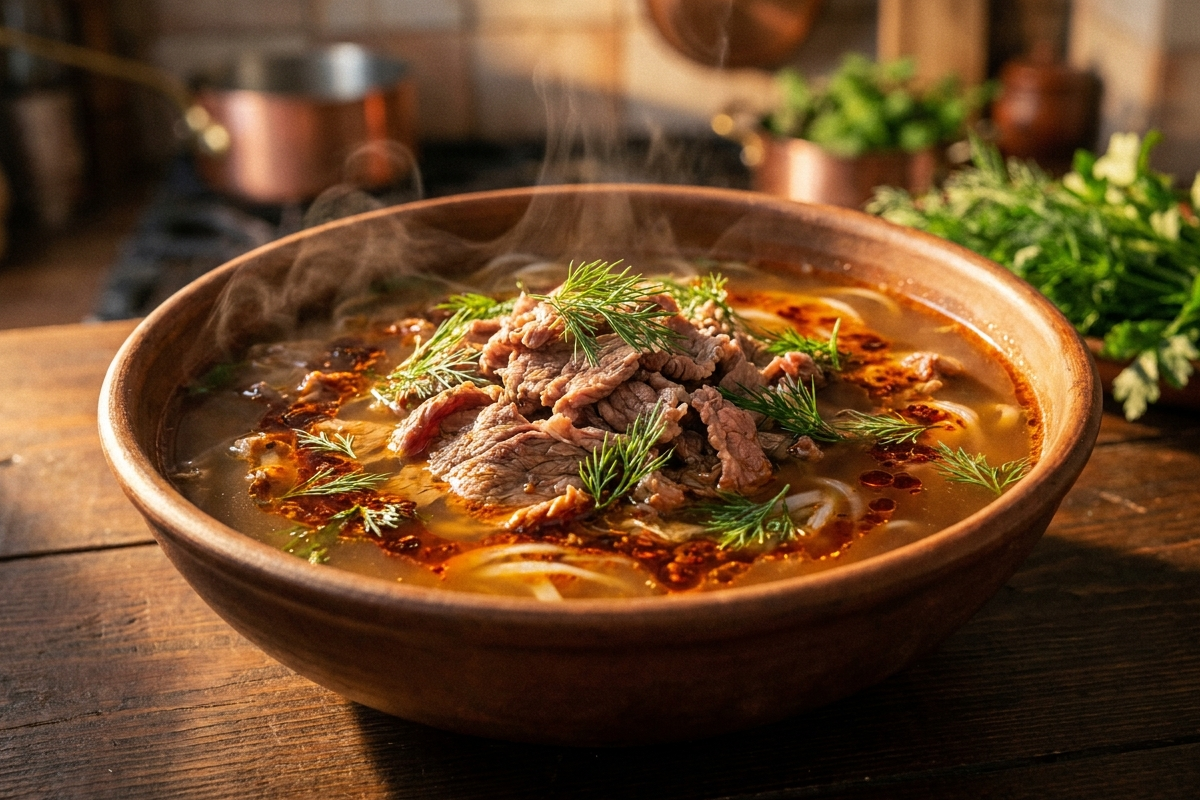 Pho Ciorba - Vietnamese-Romanian fusion soup with beef, dill, and chili oil